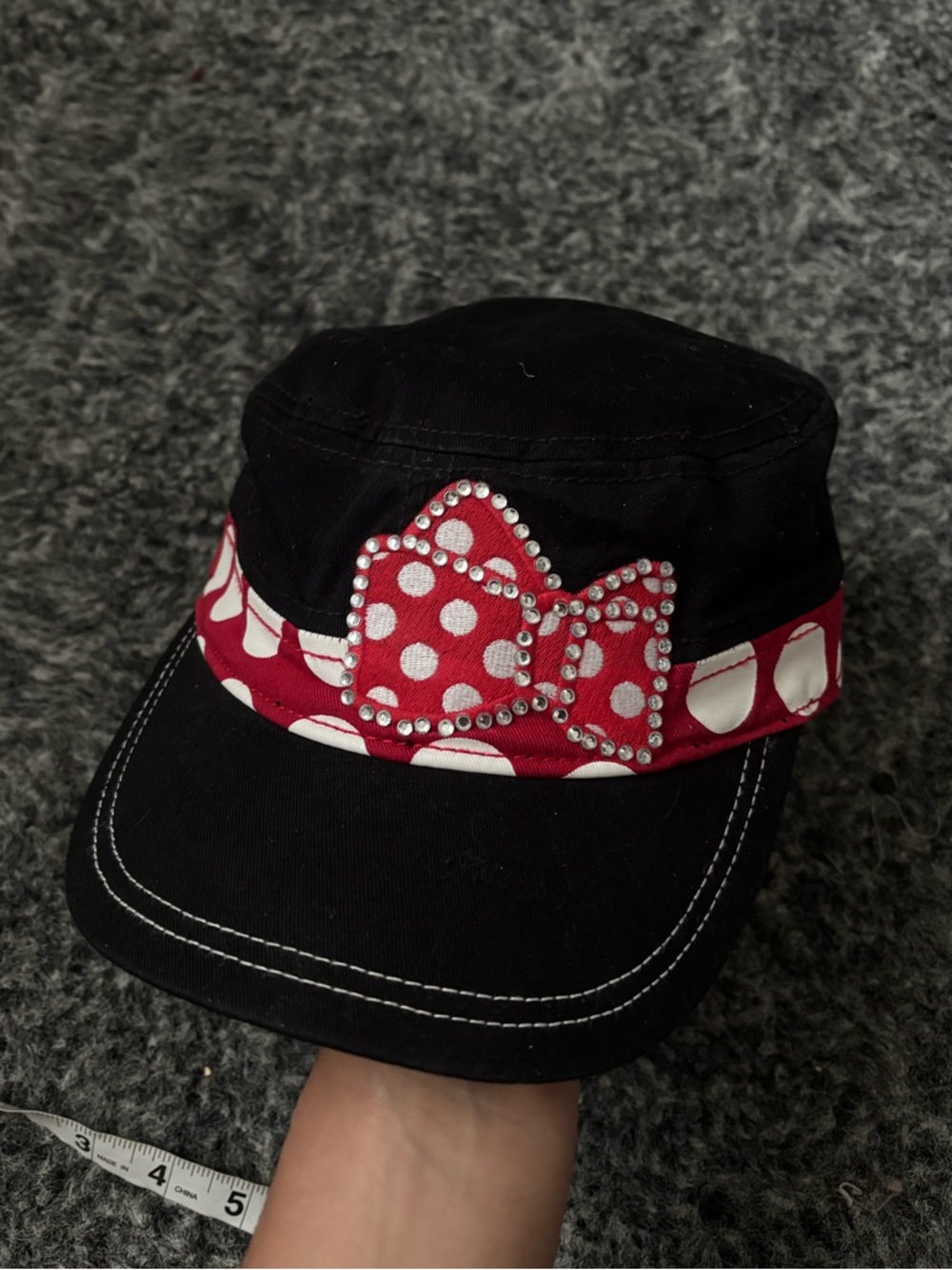 Black Cap with Red Polka Dot Bow Accent